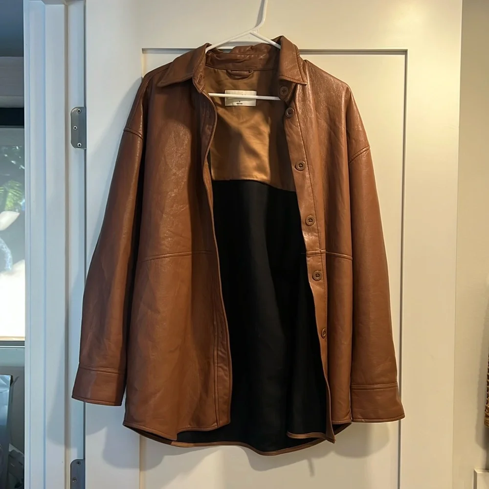 Aritzia x Babaton Pelli Shirt Leather Jacket x Brown x Size S - Picture 3 of 5